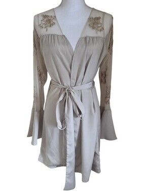 ​robed with love taupe satin & embroidered mesh lingerie robe size XS